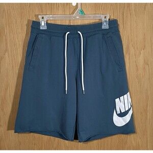 Nike Club Alumni Men's Sz M French Terry Shorts Blue White Spell Out Swoosh Logo